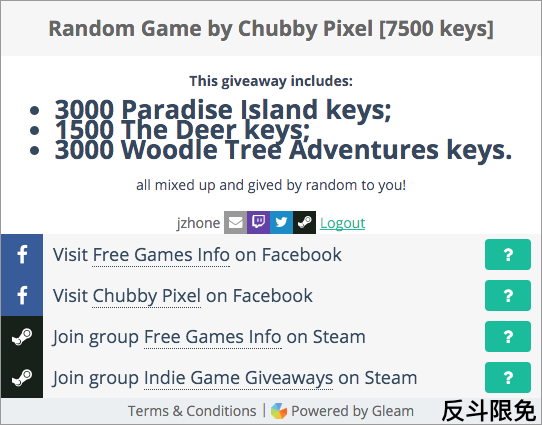 随机获取 Steam 游戏 Paradise Island、The Deer 或者 Woodle Tree Adventures丨反斗限免