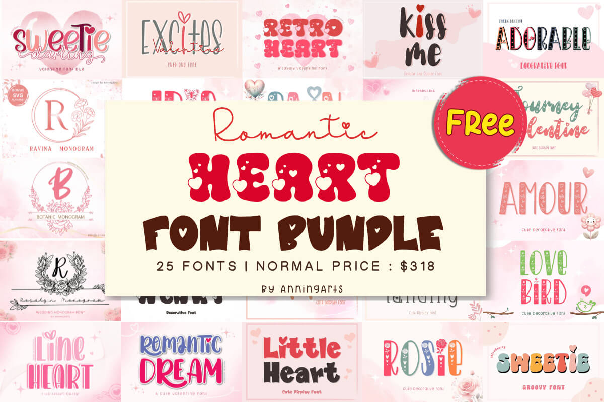 限时免费获取字体包 Romantic Heart Font Bundle[Windows、macOS][$318→0]-反斗限免
