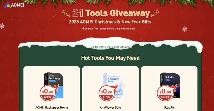 Aomei 傲梅 2025 年双旦软件赠送活动[Windows]-反斗限免